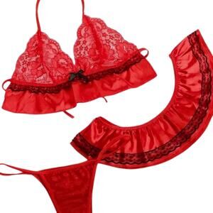 Medium 3 Piece Women's Lace Ruffle Sexy Bra Thong Lingerie Set